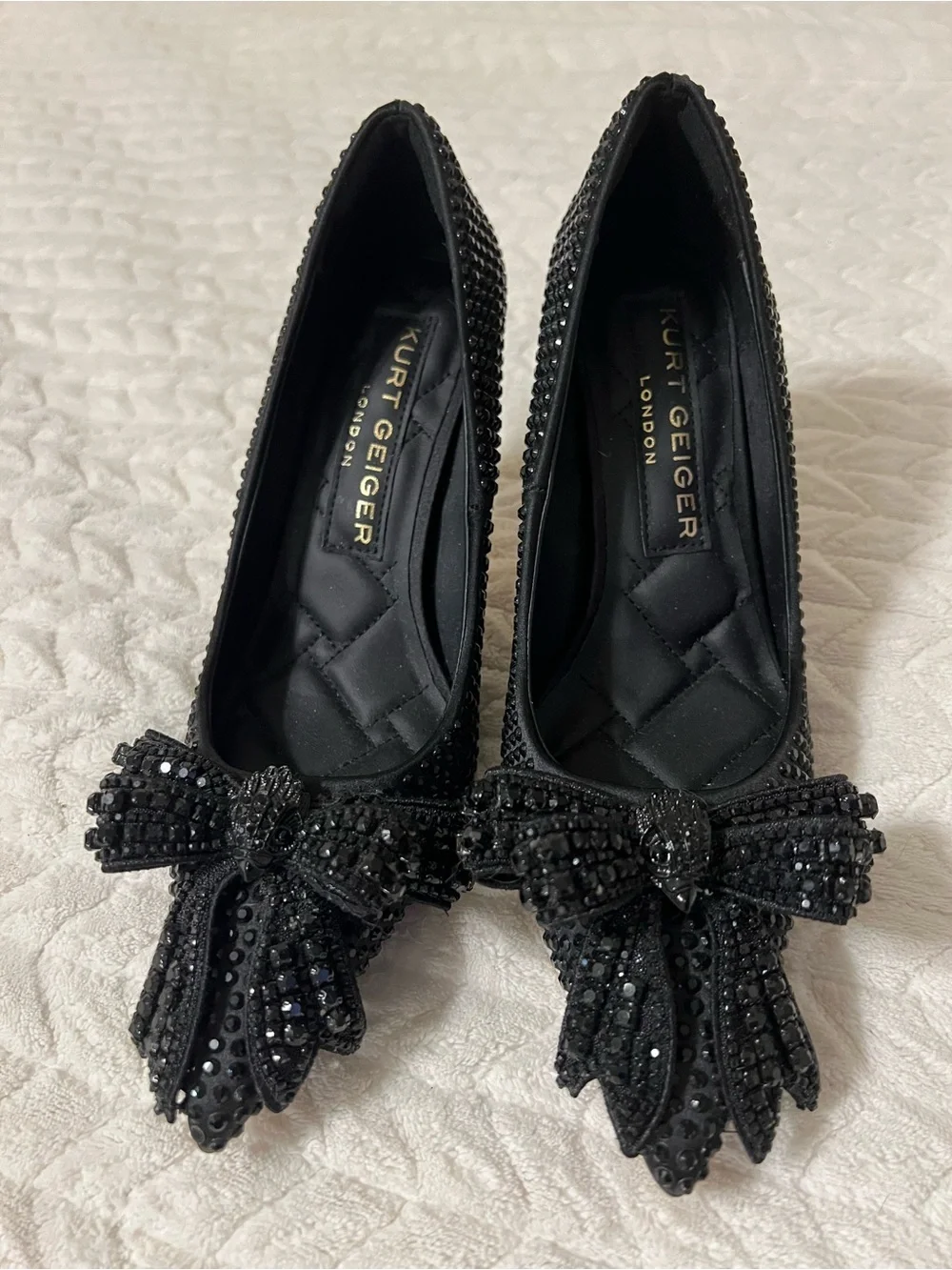 Kurt Geiger Black Sequin Bow Quilted Flats